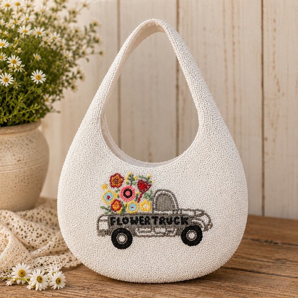 NWT Viral Hand Beaded Flower Truck Shoulder Bag White Floral India Cottagecore
